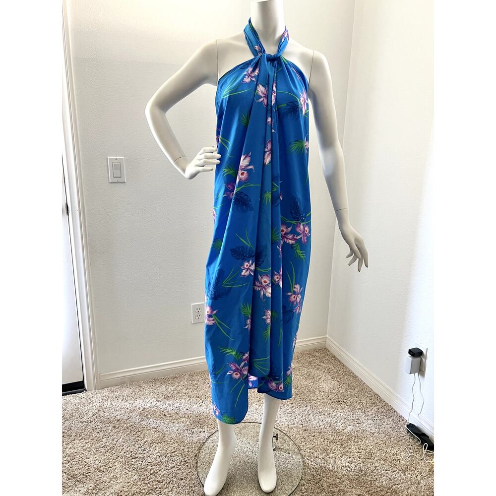 vintage 1980s blue floral print casual wear / Hawaiian halter wrap dress / OS